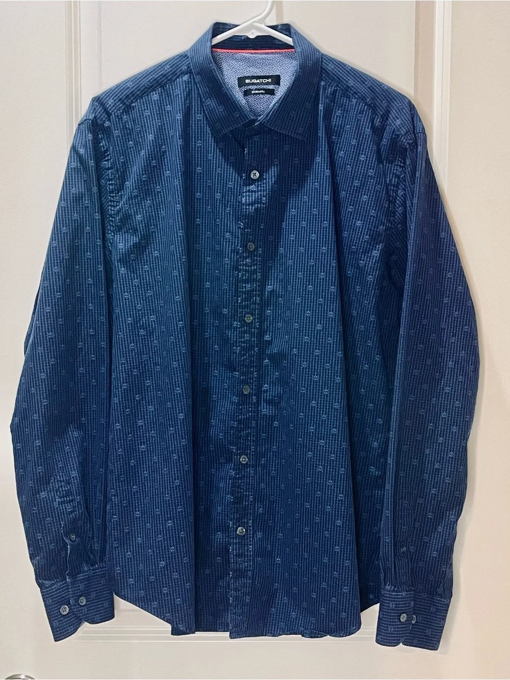 Bugatchi Navy Blue Geometric Print Dress Shirt 100% Cotton L